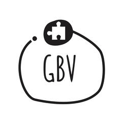 A organisational logo with the letter GBV written in black text underneath an illustration puzzle piece logo